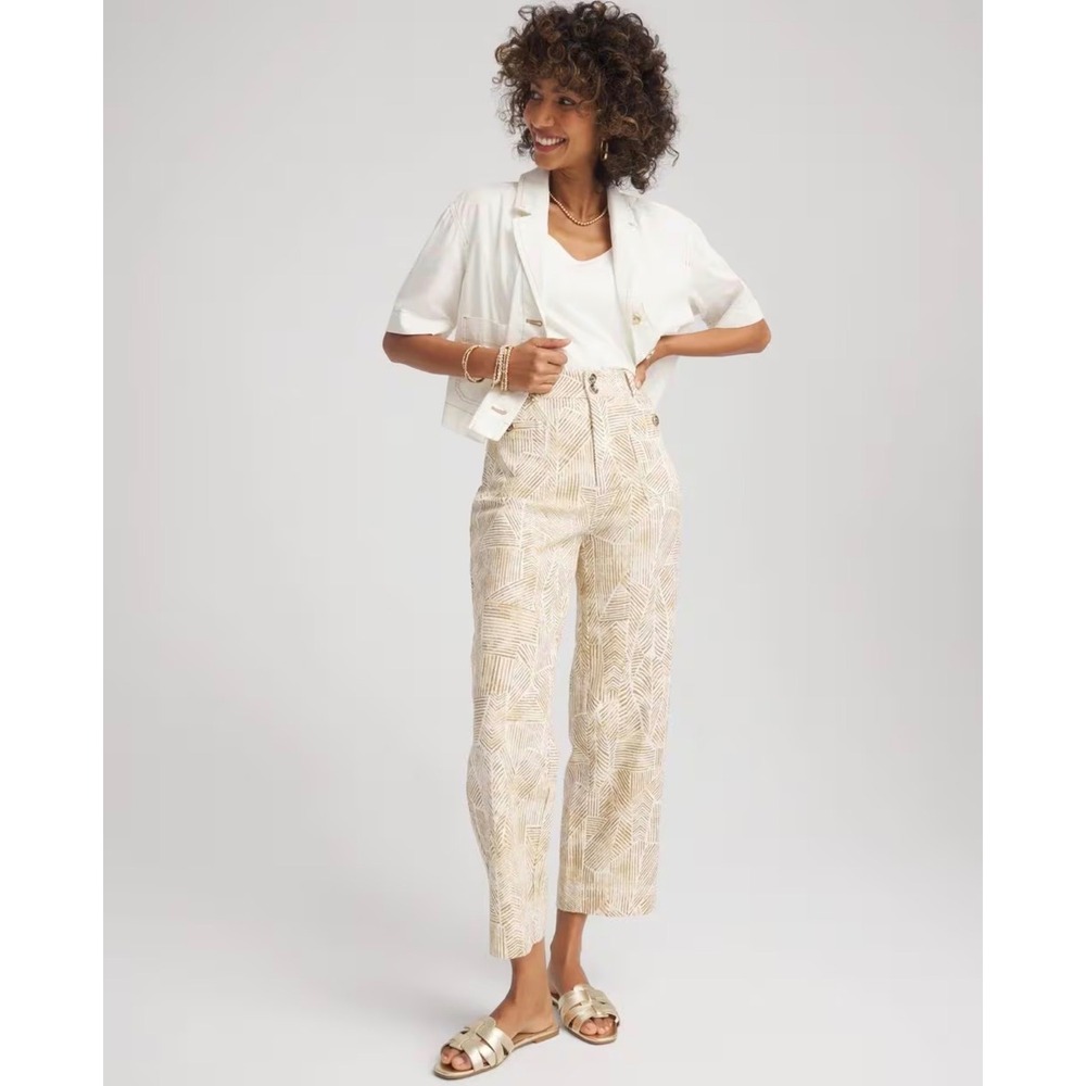 Chico's (4) Printed Cropped Straight Leg Pants Beige Palm Frond US 20 Cotton